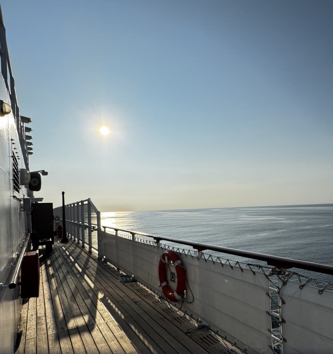 Evening falls as we head toward the Atlantic.
