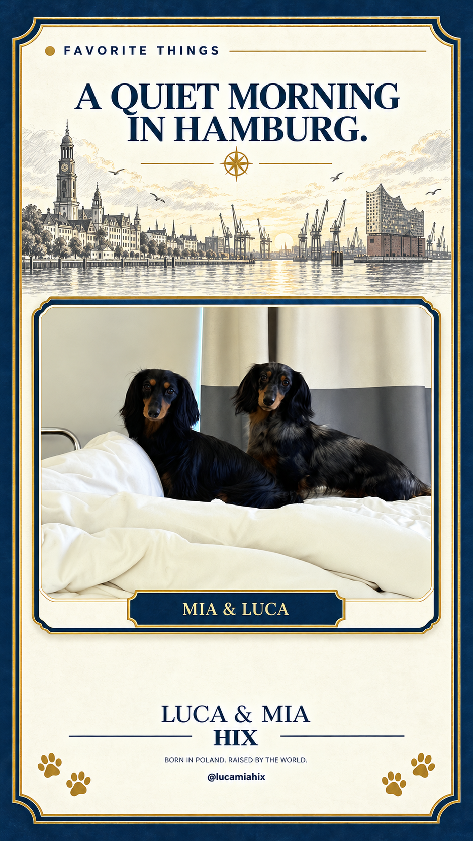 Favorite Things artwork with a sketch of Hamburg above Mia and Luca resting together on a hotel bed