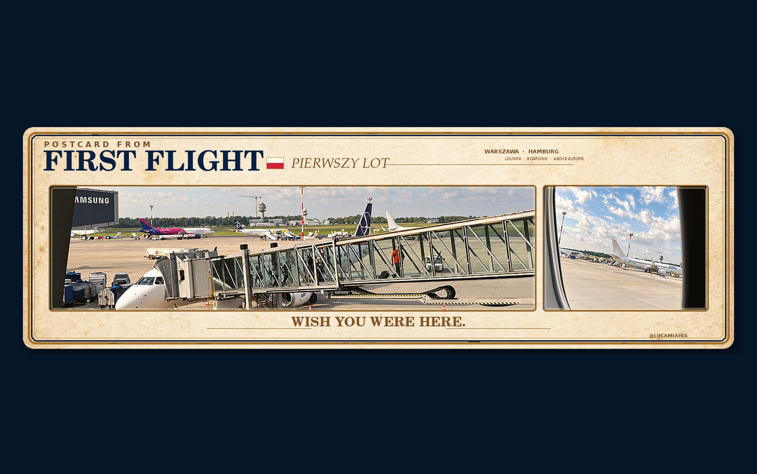 First Flight postcard from Luca & Mia Hix, airport views on the front and a handwritten-style message on the back, slide 1 of 2