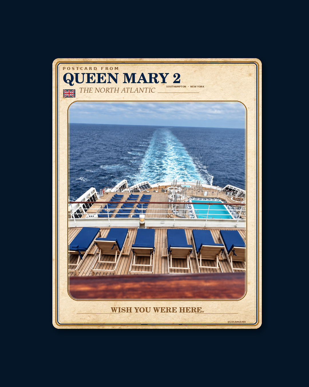Queen Mary 2 postcard from Luca & Mia Hix, front and handwritten back, slide 1 of 2