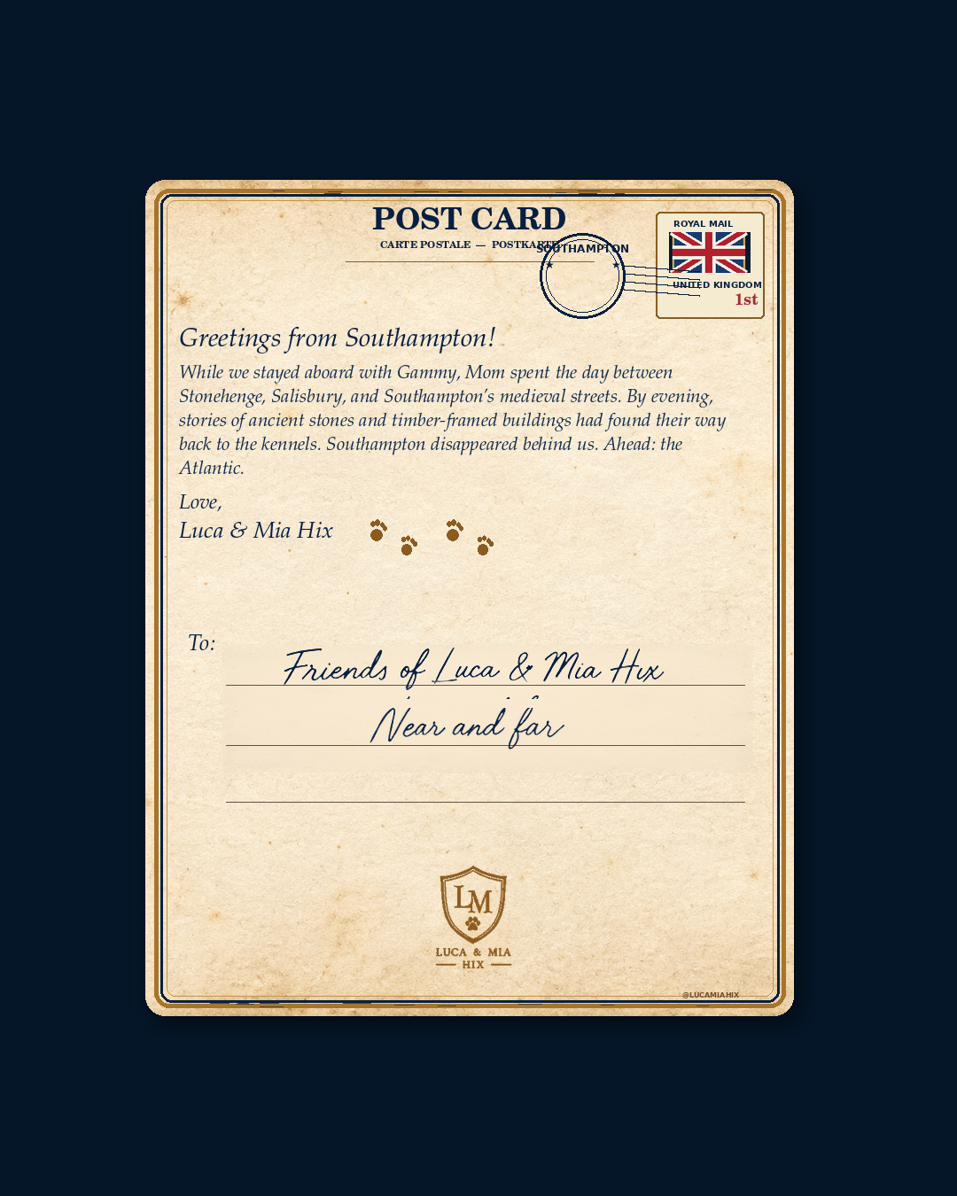 Southampton postcard from Luca & Mia Hix, front and handwritten back, slide 2 of 2