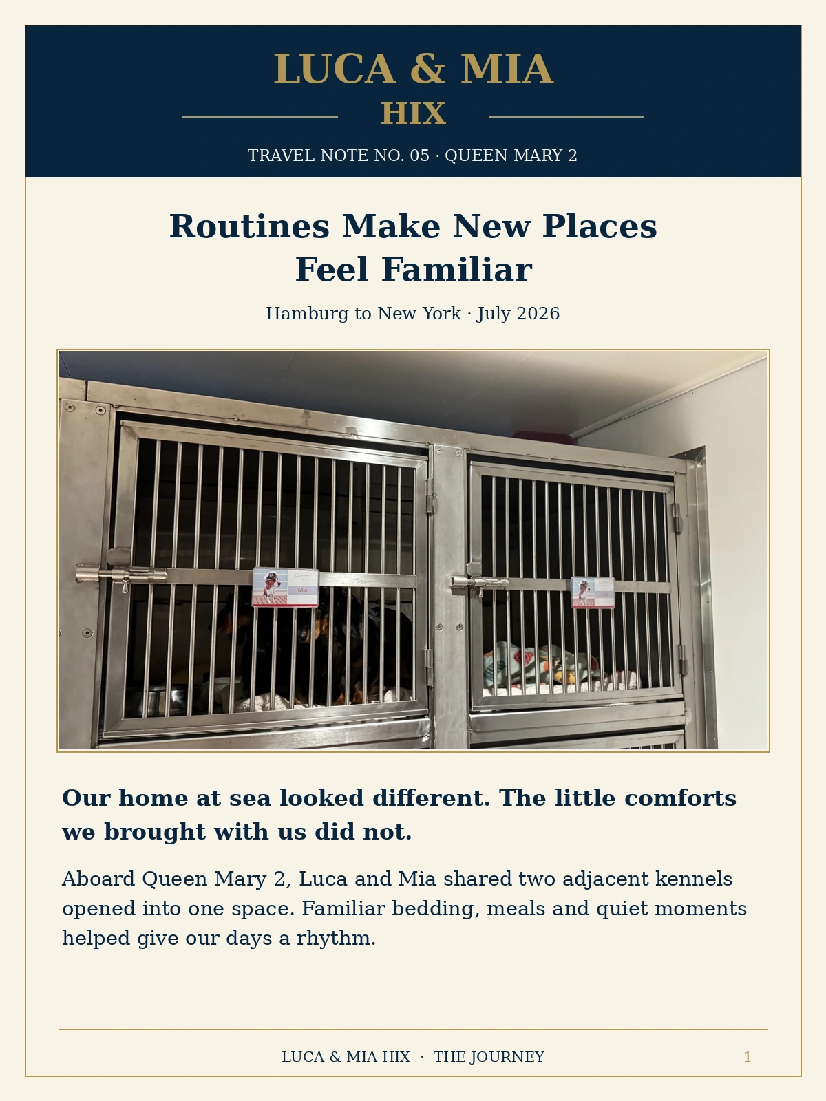 Travel Note No. 05, the approved three-page illustrated journal about familiar routines aboard Queen Mary 2, slide 1 of 3
