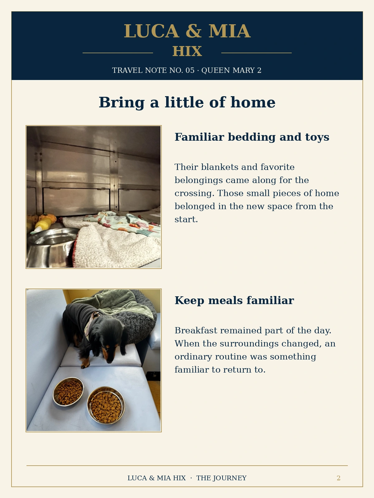 Travel Note No. 05, the approved three-page illustrated journal about familiar routines aboard Queen Mary 2, slide 2 of 3