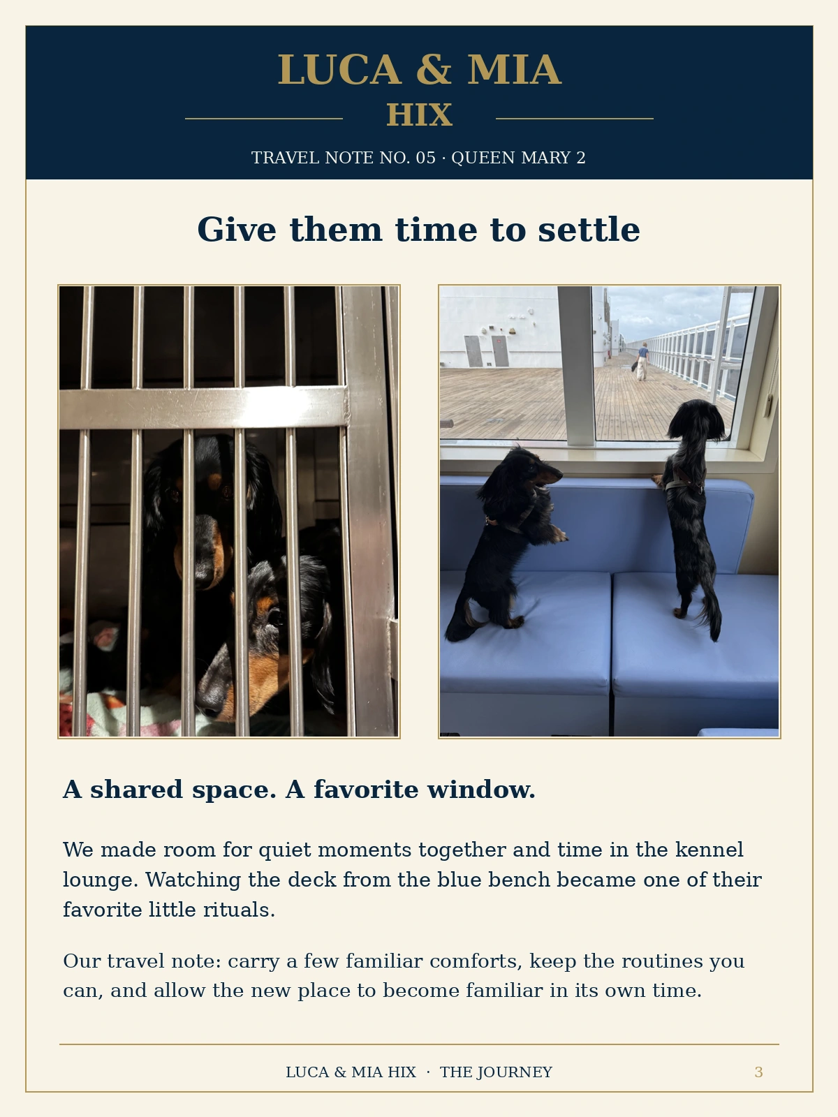 Travel Note No. 05, the approved three-page illustrated journal about familiar routines aboard Queen Mary 2, slide 3 of 3