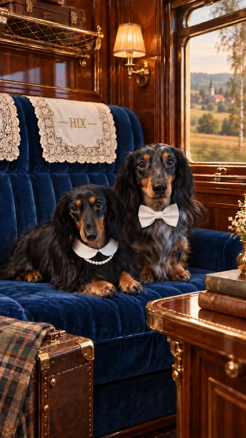 Luca and Mia Hix together in an elegant railway carriage beneath an embroidered HIX seat cloth